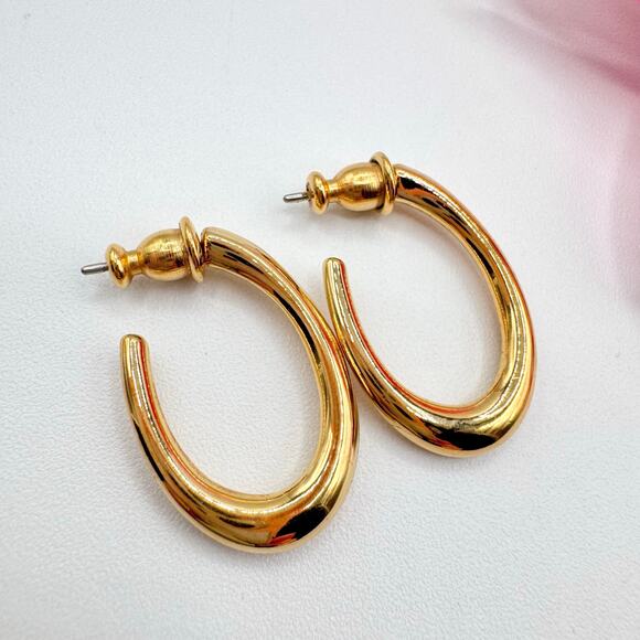 Vintage Napier Oblong Hoop Earrings Shiny Gold Tone Signed Chic Classic Luxe - Picture 5 of 8